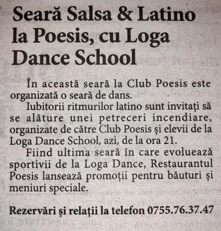Seara de Salsa & Latino la Poesis, cu Loga Dance School (Informatia Zilei)