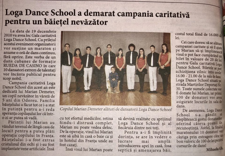 Loga Dance School a demarat campania caritabila pentru un baietel nevazator (Informatia Zilei)