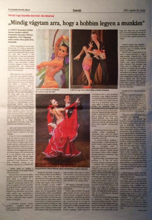 Interju Loga Hajnalka tancossal, tancoktatoval (Magyar Hirlap)