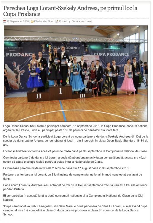 Perechea Loga Lorant-Szekely Andreea, pe primul loc la Cupa Prodance (gazetanord-vest.ro)