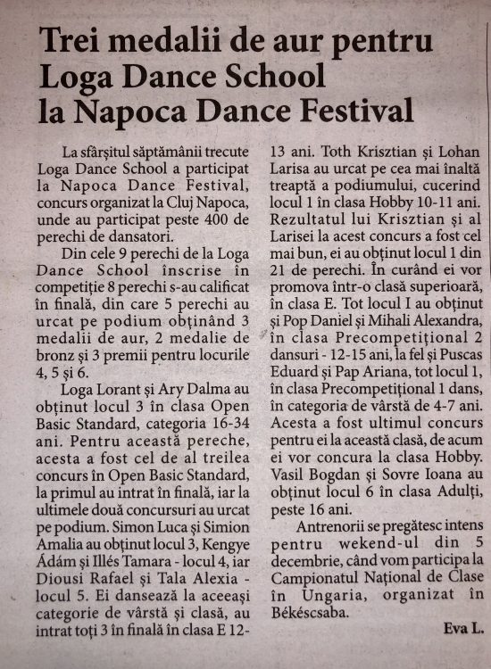 Trei medalii de aur pentru Loga Dance School la Napoca Dance Festival (Informatia Zilei)