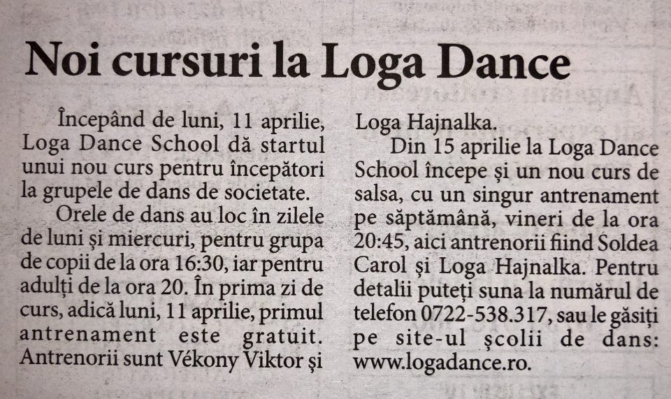 Cursuri noi la Loga Dance School (Informatia Zilei)
