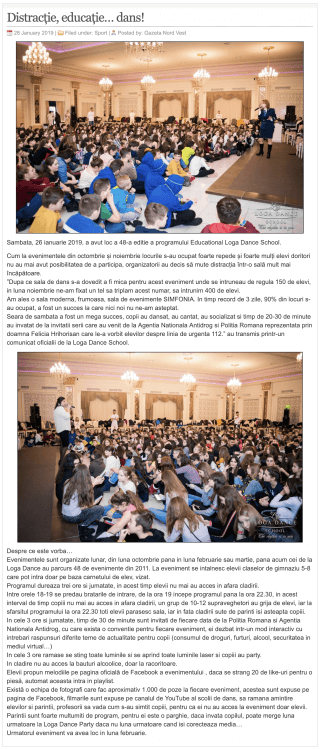 Sambata, 26 ianuarie 2019, a avut loc a 48-a editie a programului Educational Loga Dance School (gazetanord-vest.ro)