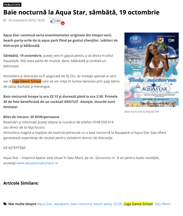 Baie nocturna la Aqua Star, sambata, 19 octombrie (portalsm.ro)