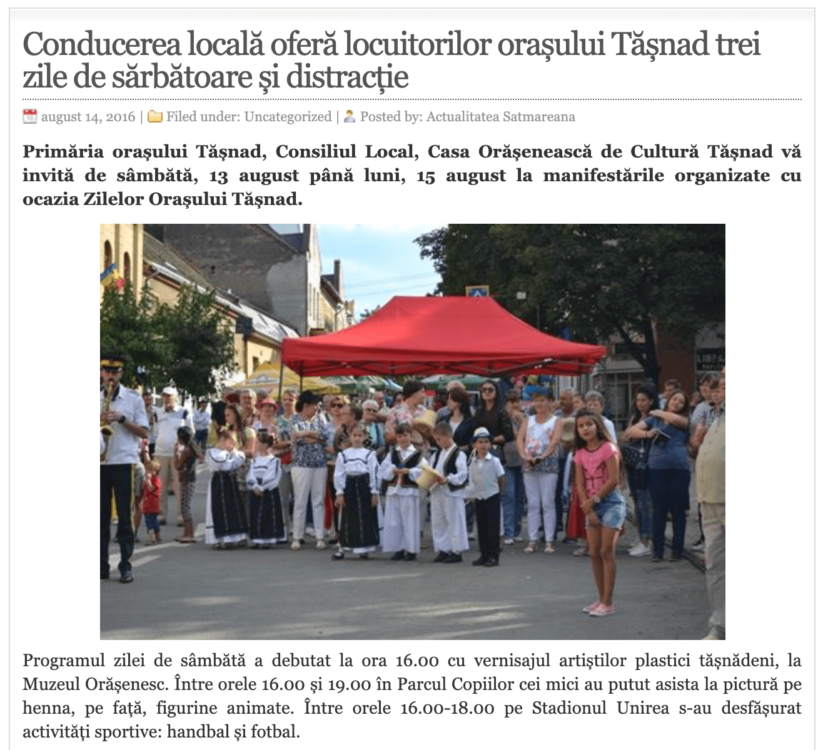 Conducerea locala ofera locuitorilor orasului Tasnad trei zile de sarbatoare si distractie! (actualitateasm.ro)
