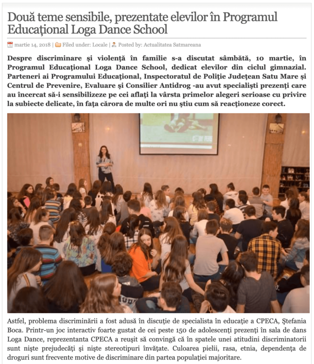 Doua teme sensibile, prezentate elevilor in Programul Educational Loga Dance School. (actualitateasm.ro)