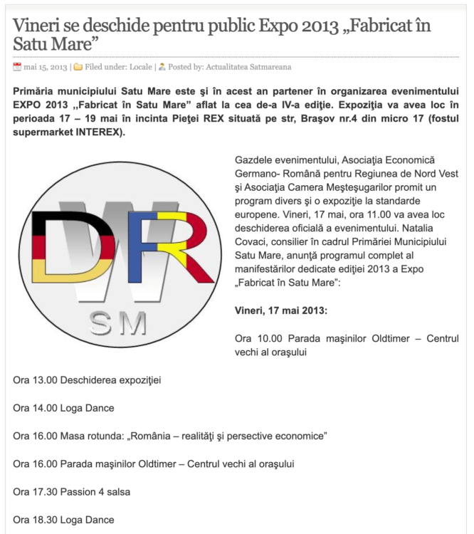 Vineri se deschide pentru public Expo 2013 „Fabricat in Satu Mare”. (actualitateasm.ro)