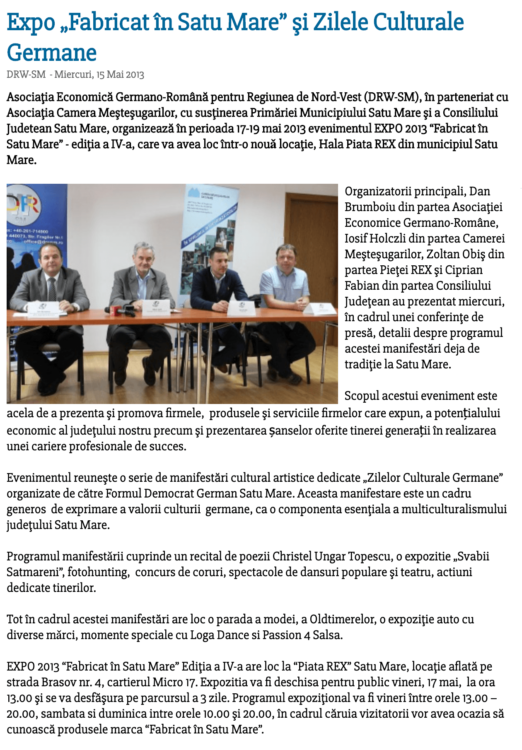Expo „Fabricat in Satu Mare” si Zilele Culturale Germane (satumareonline.ro)