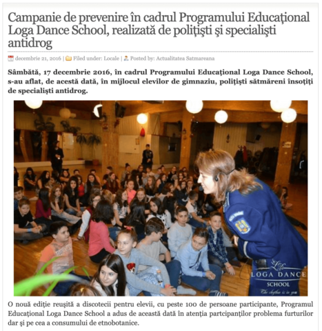 Campanie de prevenire in cadrul Programului Educational Loga Dance School, realizata de politisti si specialisti antidrog. (actualitateasm.ro)