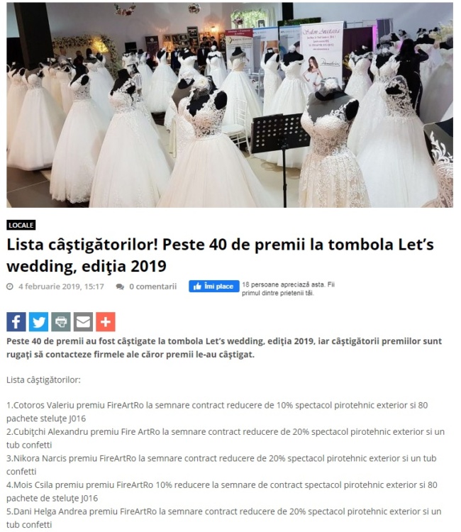 Lista castigatorilor! Peste 40 de premii la tombola Let’s wedding, editia 2019 (portalsm.ro)