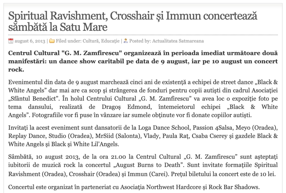 Spiritual Ravishment, Crosshair si Immun concerteaza sambata la Satu Mare. (actualitateasm.ro)