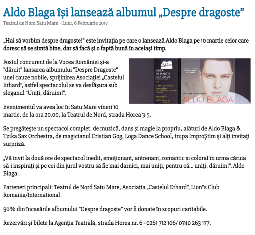 Aldo Blaga isi lanseaza albumul „Despre dragoste” (satumareonline.ro)